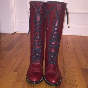 Red leather Boots, knee high, lace up, size 8